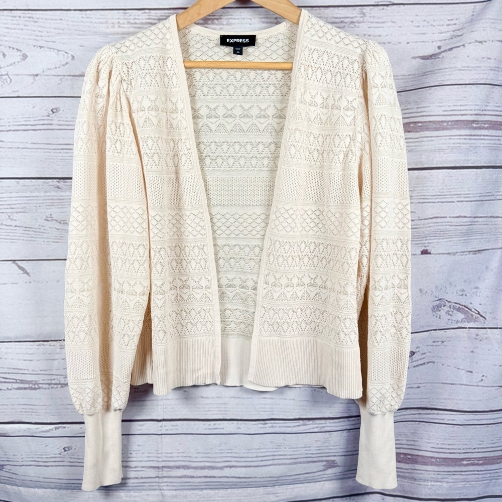 Express Cream peach Lace Open-Front Sweater Cardigan puff sleeves size XS
